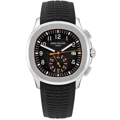 Uhr Patek Philippe Aquanaut com Armband de borracha e caixa de aço, exibido em fundo neutro.